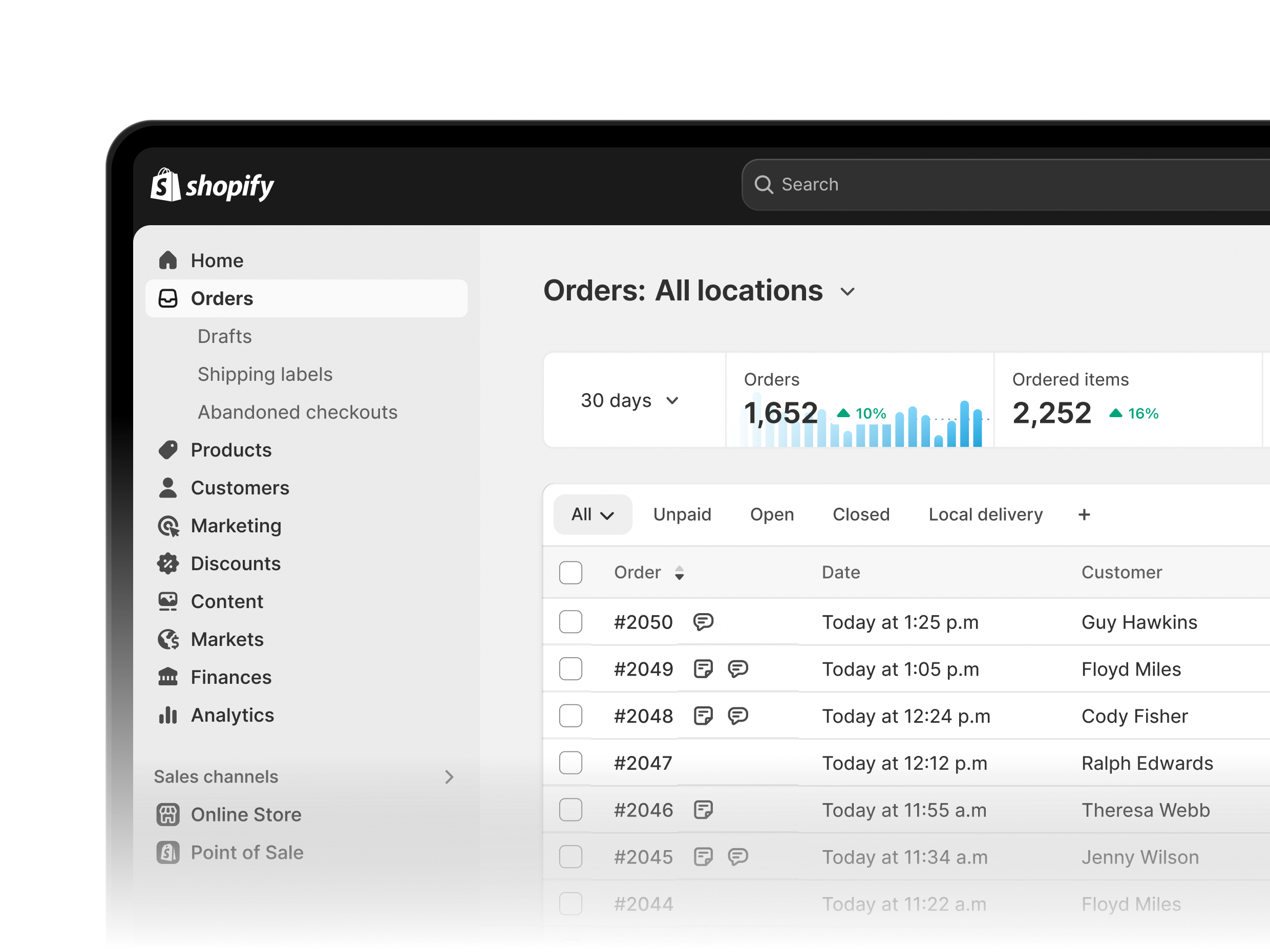 Interactive animation of Shopify admin that lets you explore all the sections: Orders, Products, Customers, Content, Finances, Analytics, Marketing, Discounts, Markets